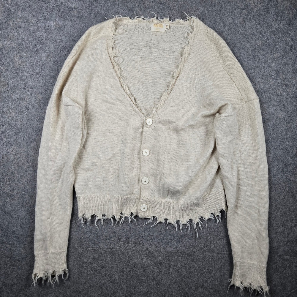 Nation LTD Cardigan Womens M Cream Distressed Baby Alpaca Cotton Fringe Boho